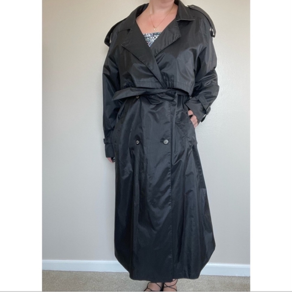 Vintage British Mist Black Double Belted Trench Rain Coat Sz 14